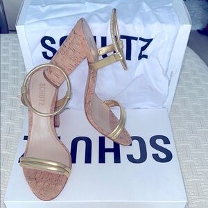 SCHUTZ Gold Cork High-Heeled Sandals, ONLY WORN 1 X, LIKE NEW CONDITION